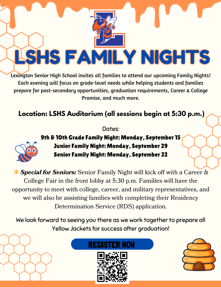 A flyer for LSHS Family Nights with many details, most importantly, that all meetings will be in the LSHS auditorium at 5:30 pm on 9/15, 9/22 and 9/29.