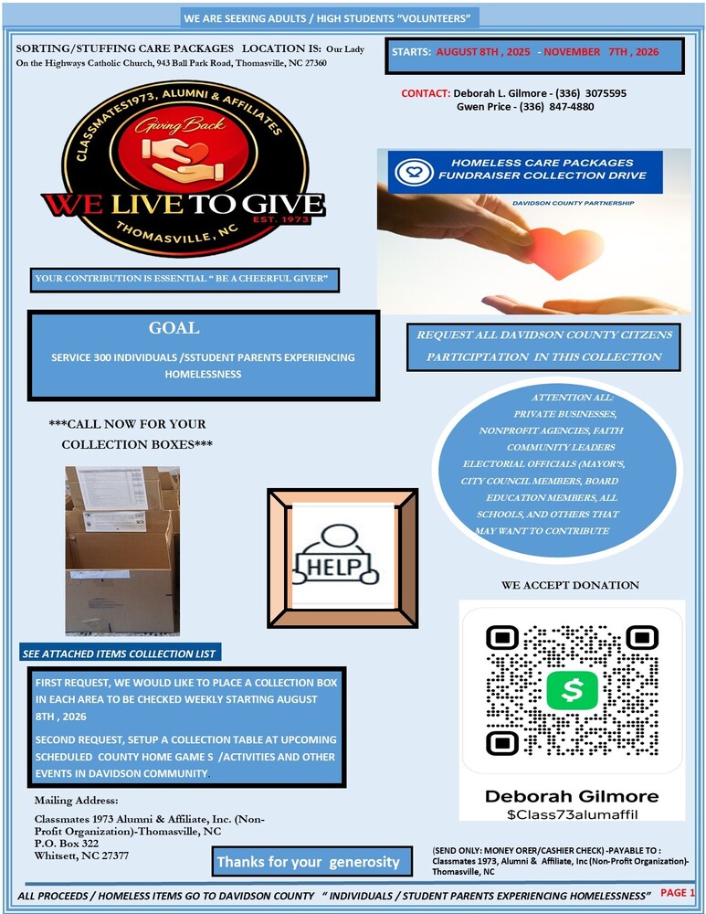 Flyer promoting the Davidson County Homeless Care Packages Drive, organized by Classmates1973, Alumni & Affiliate, Inc., to collect essential care items for individuals and families experiencing homelessness. Donations accepted through November 7, 2026.