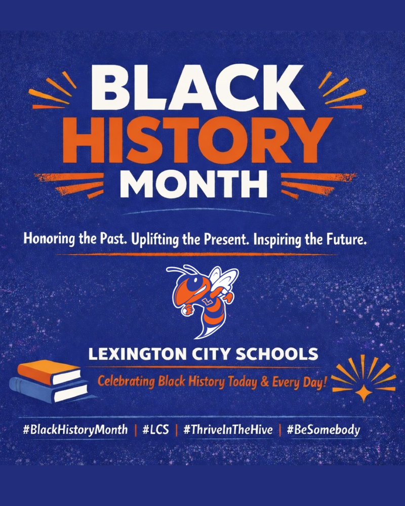 Graphic reads Black History Month in bold white and orange text on a deep blue background with orange and blue design accents.