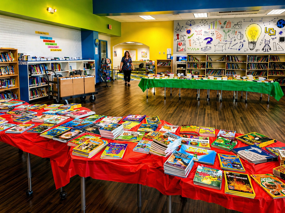 Elementary school media center set up for Books on Break with tables filled with a wide selection of books arranged for student selection.