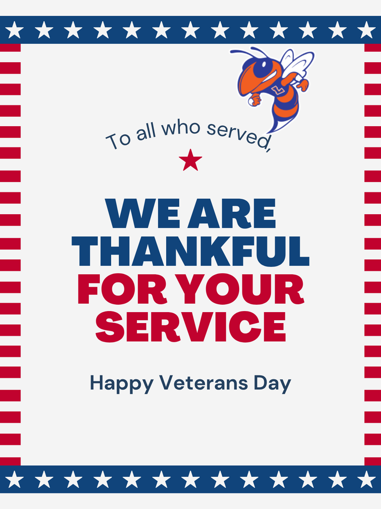 Lexington City Schools Veterans Day graphic with LCS logo, red and blue stars and stripes, and the words “Honoring All Who Served.”