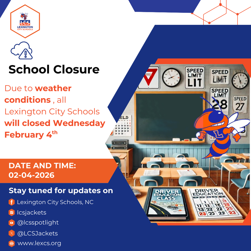 Graphic announcing no school for students Wednesday, February 4. District buildings closed due to inclement weather.