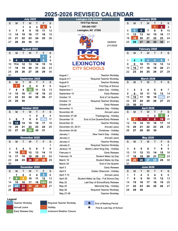 “Board-Approved Calendar Adjustments” listing February 16 and March 16 as Student Days, April 3 as an Early Release Student Day, and April 29 as a Student Day. Text notes these dates were previously identified as potential make-up days. Lexington City Schools branding appears in blue and orange.