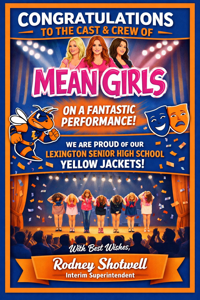 A promotional flyer wishing the cast and crew of Lexington Senior High School’s upcoming production of Mean Girls best wishes from Interim Superintendent Rodney Shotwell.