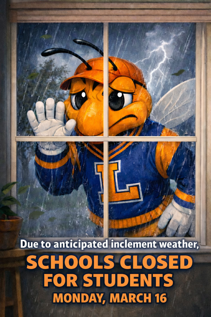 Illustration of the Lexington City Schools hornet mascot looking out a window during heavy rain and lightning. Text reads: “Due to anticipated inclement weather, schools closed for students Monday, March 16.”