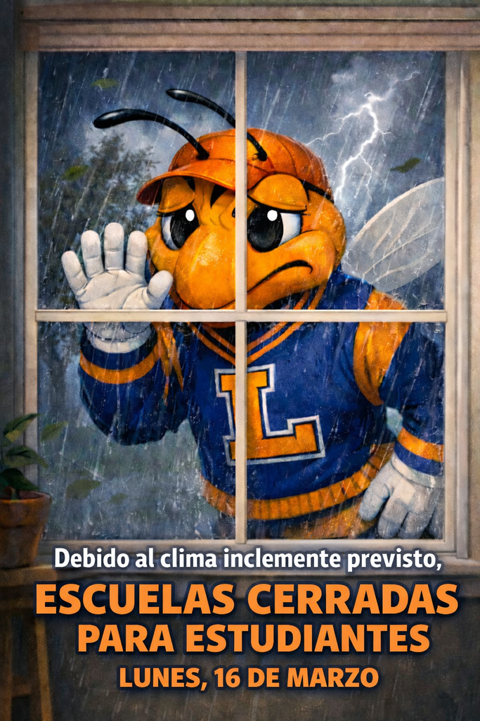 Ilustración de la mascota avispa de Lexington City Schools mirando por una ventana mientras hay lluvia intensa y relámpagos afuera. El texto dice: “Debido al clima inclemente previsto, escuelas cerradas para estudiantes el lunes 16 de marzo.”