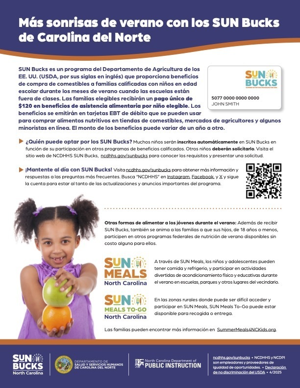 Gráfico de Lexington City Schools recordando a las familias que hoy, 31 de marzo de 2026, es el último día para solicitar SUN Bucks. El programa ofrece beneficios para alimentos durante el verano para estudiantes elegibles. Algunas familias están inscritas automáticamente, mientras que otras deben solicitar o actualizar su información. Incluye un enlace a ncdhhs.gov/sunbucks y un número de contacto para más información.