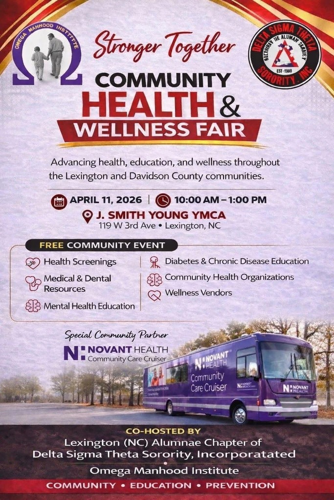 Flyer for the Stronger Together Community Health and Wellness Fair on April 11, 2026 from 10 AM to 1 PM at J. Smith Young YMCA in Lexington. Free event with health screenings, mental health resources, and community services.
