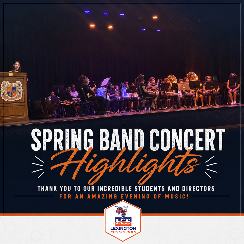Students perform during the Lexington City Schools Spring Band Concert on stage under blue and orange lighting while audience members and families enjoy an evening of student music and performances. The concert featured student musicians playing a variety of instruments as part of the district’s spring music showcase.
