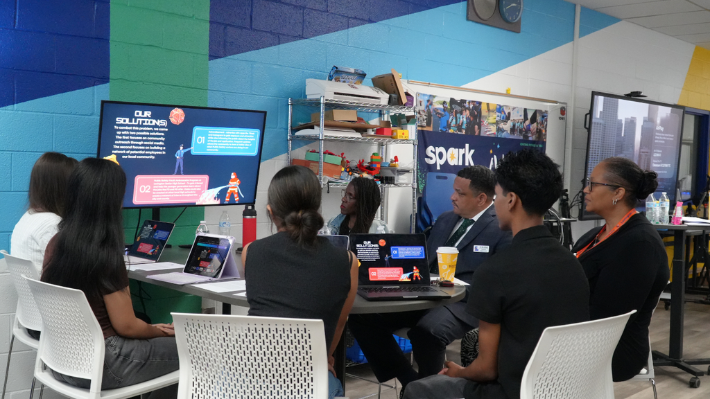 Students present their research and recommendations to community and business leaders during a SparkLabNC project, sharing innovative solutions to address workforce challenges and strengthen future career pathways in Lexington.