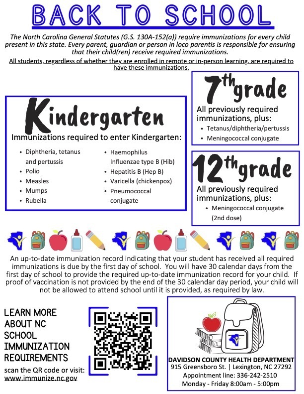 Flyer outlining required immunizations for students entering kindergarten, seventh grade, and 12th grade for the 2026–2027 school year. More information is available at www.immunize.nc.gov