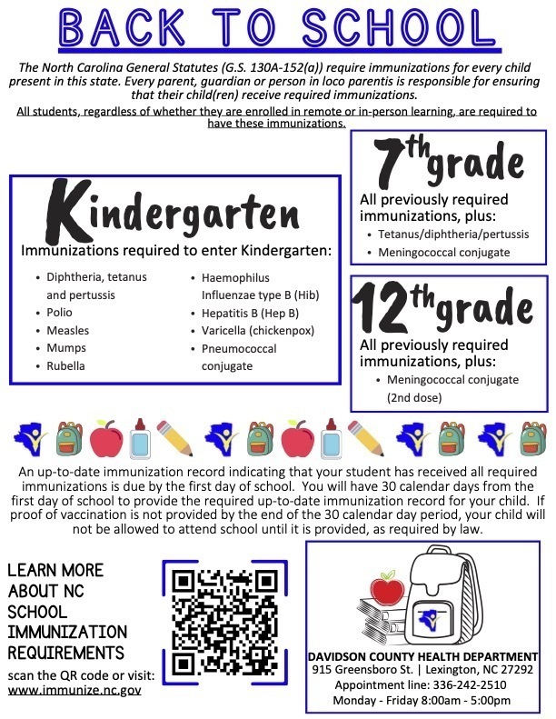 Flyer outlining required immunizations for students entering kindergarten, seventh grade, and 12th grade for the 2026–2027 school year. More information is available at www.immunize.nc.gov