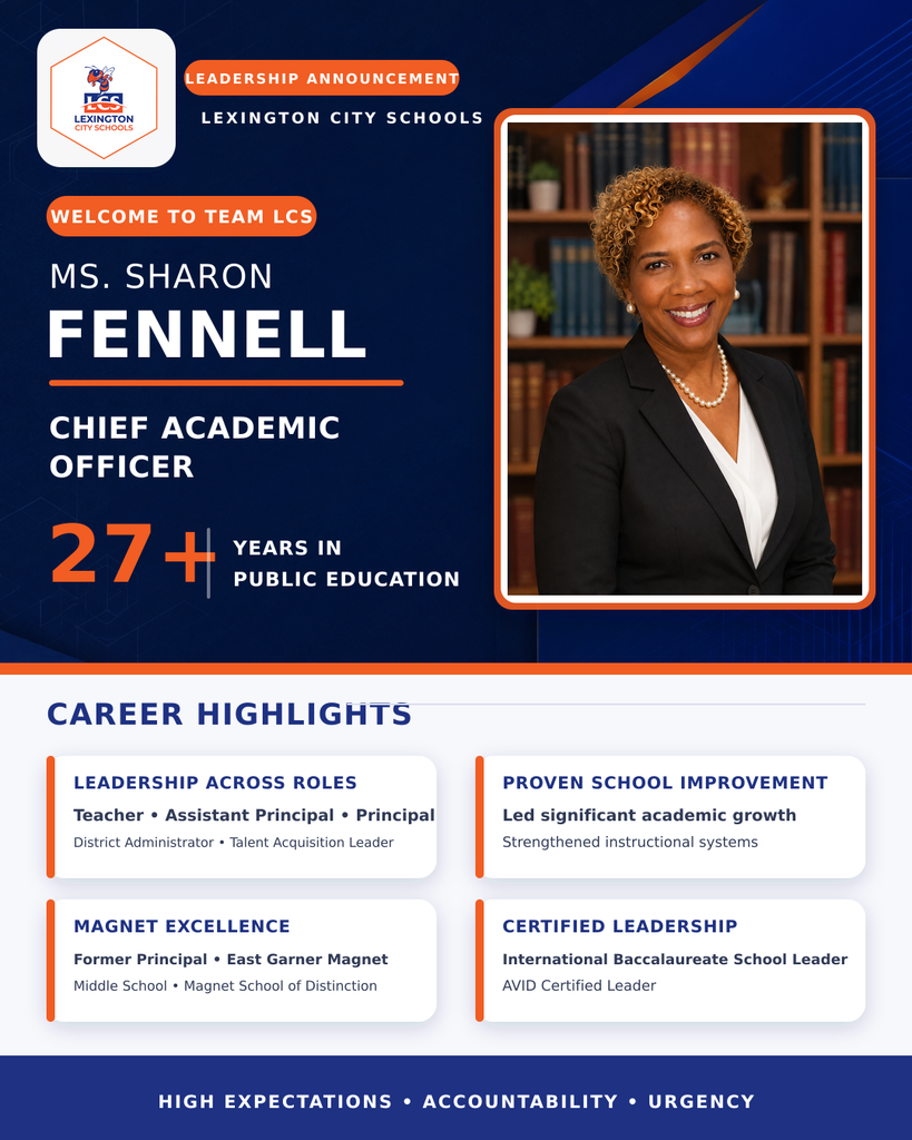 Lexington City Schools graphic featuring Sharon Fennell and announcing her appointment as the district’s new Chief Academic Officer.