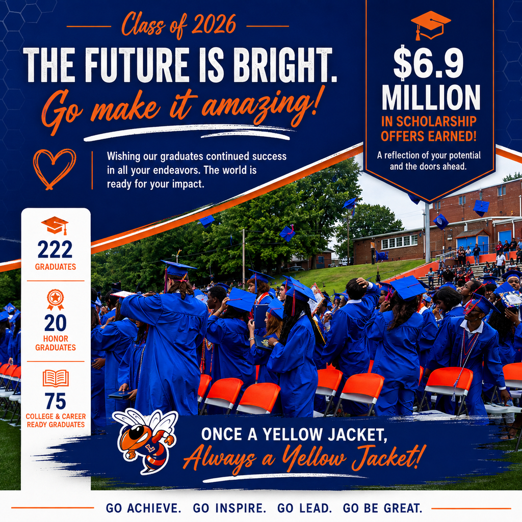 Class of 2026 graphic featuring Lexington Senior High School graduates in blue caps and gowns. The graphic wishes graduates continued success and highlights $6.9 million in scholarship offers earned, 222 graduates, 20 honor graduates and 75 College & Career Ready graduates.