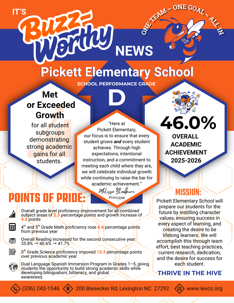 Lexington City Schools Buzz-Worthy graphic highlighting 51.3% districtwide proficiency, three consecutive years of improvement, and academic progress across LCS schools for the 2025–2026 school year.