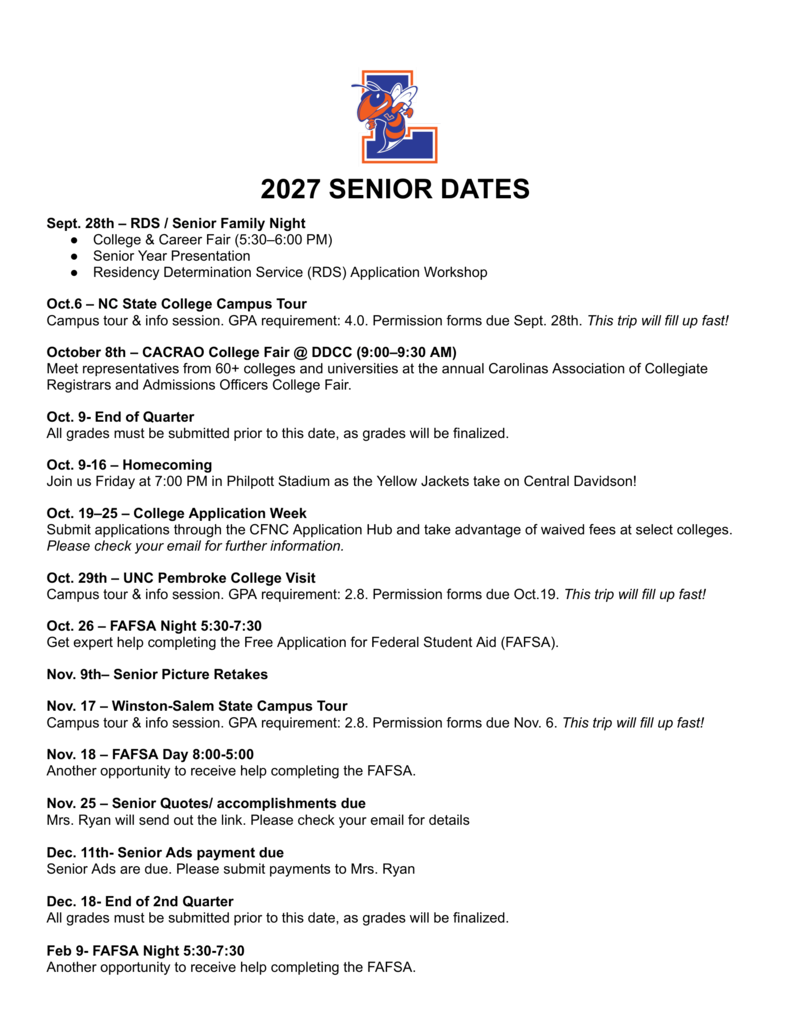Senior Events at LSHS for the 26'-27' school year.