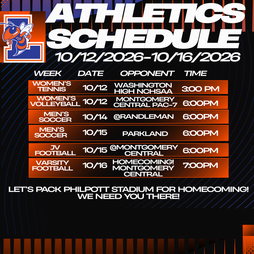 Lexington City Schools Yellow Jacket Athletics Schedule for October 12–16, 2026. Events include Women's Tennis vs. Washington High on October 12 at 3:00 PM, Women's Volleyball vs. Montgomery Central at 6:00 PM on October 12, Men's Soccer at Randleman on October 14 at 6:00 PM, Men's Soccer vs. Parkland on October 15 at 6:00 PM, JV Football at Montgomery Central on October 15 at 6:00 PM, and Varsity Football Homecoming vs. Montgomery Central on October 16 at 7:00 PM. The graphic features Lexington's blue and orange school colors, the Yellow Jacket mascot, and an invitation to pack Philpott Stadium for Homecoming!