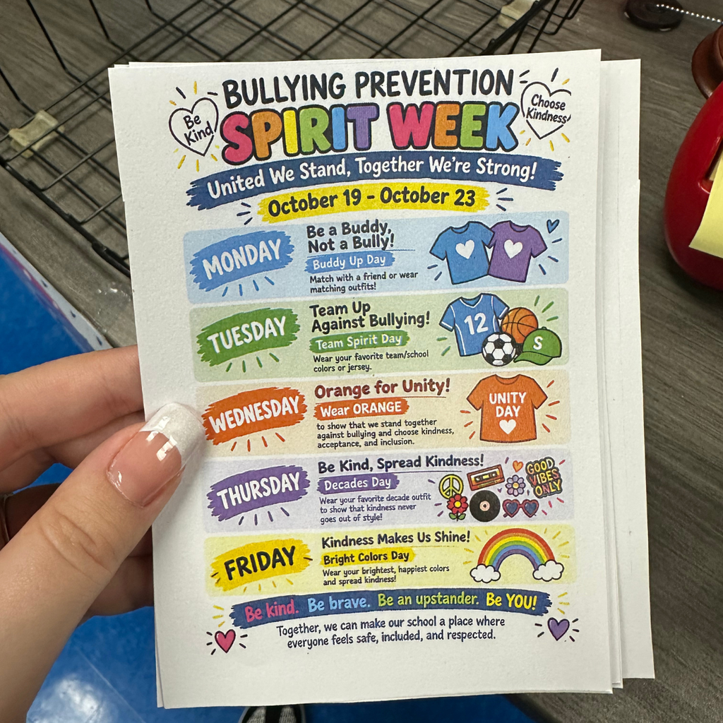 Southwest Elementary Global Academy's Bullying Prevention Spirit Week flyer outlines activities for October 19–23, including Buddy Up Day, Team Spirit Day, Wear Orange Day, Decades Day, and Bright Colors Day.
