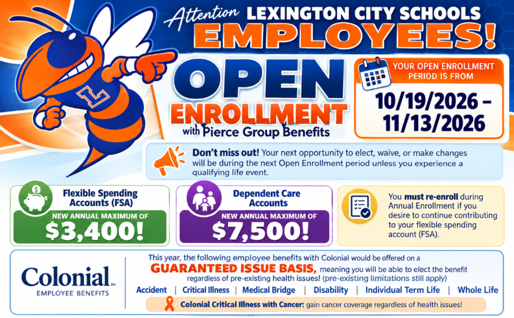 Lexington City Schools Open Enrollment announcement featuring the district’s orange and blue Yellow Jacket mascot. Pierce Group Benefits Open Enrollment runs October 19–November 13, 2026. New annual contribution maximums are $3,400 for Flexible Spending Accounts (FSA) and $7,500 for Dependent Care Accounts. Employees must re-enroll to continue FSA contributions. Colonial benefits offered on a guaranteed issue basis include Accident, Critical Illness with Cancer, Medical Bridge, Disability, Individual Term Life, and Whole Life. Employees are encouraged to review their benefit options and enroll before the deadline.