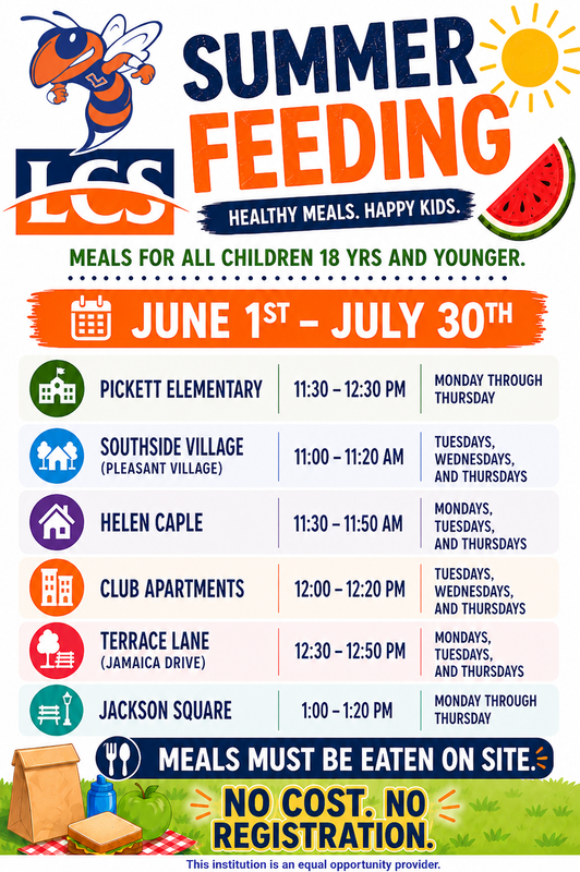 Colorful Lexington City Schools Summer Feeding flyer featuring free meals for children 18 and under from June 1 through July 30, including meal locations, serving times, days of operation, and reminders that meals must be eaten on site with no cost or registration required.