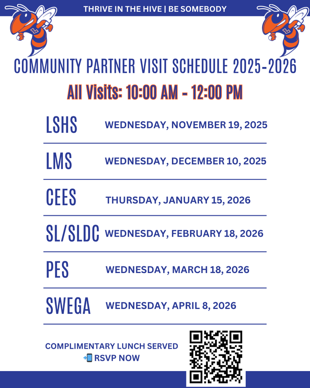 Flyer inviting community partners to the Lexington City Schools Community Leader School Engagement Series, listing visit dates from November through April. Includes times (10 a.m.–12 p.m.) and highlights connecting with students, staff, and school programs to help every child “Thrive in the Hive.”