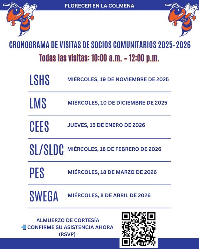 Serie de Participación de Socios Comunitarios 2025–2026 de Lexington City Schools. Invitación para líderes comunitarios, empresariales, religiosos y gubernamentales a visitar las escuelas, conocer a los estudiantes y disfrutar de un almuerzo gratuito. Primer evento: Lexington Senior High School, miércoles 19 de noviembre de 2025, de 10:00 a.m. a 12:00 p.m.