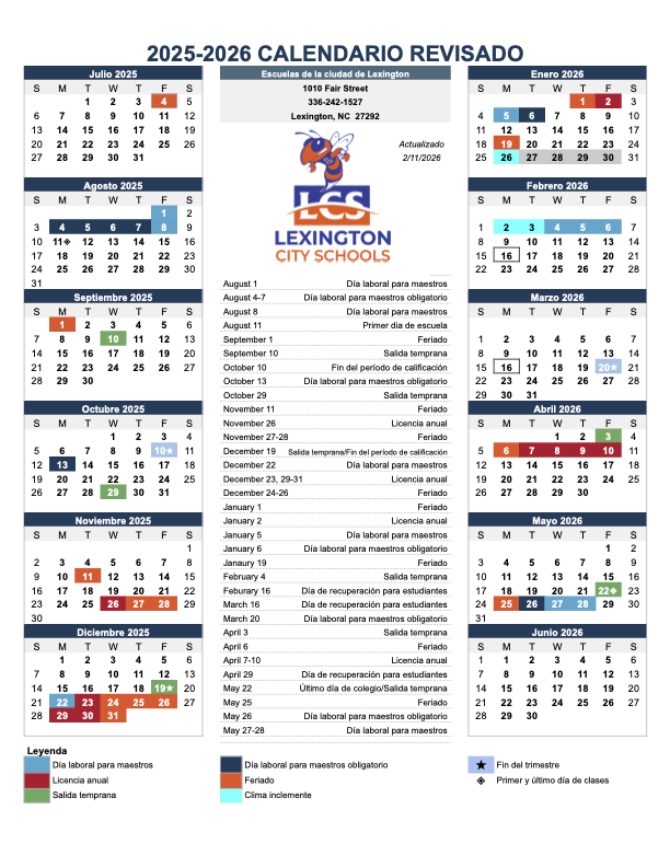 “Ajustes al Calendario Aprobados por la Junta” Incluye el 16 de febrero y el 16 de marzo como Días de Clases para Estudiantes, el 3 de abril como Día de Salida Temprana para Estudiantes y el 29 de abril como Día de Clases para Estudiantes.  El texto señala que estas fechas fueron previamente identificadas como posibles días de recuperación.  La marca de Lexington City Schools aparece en azul y naranja.
