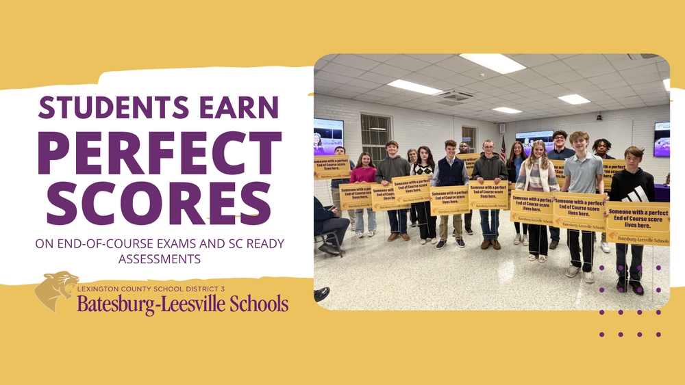 Students earn perfect scores graphic. Pic of kids holding signs