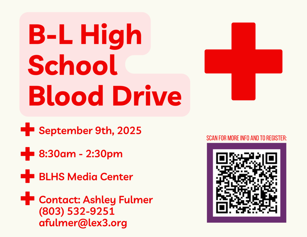 B-L High School Blood Drive Flyer - September 9th, 8:30 am-2:30 pm, BLHS media center, contact Ashley Fulmer, 803-532-9251