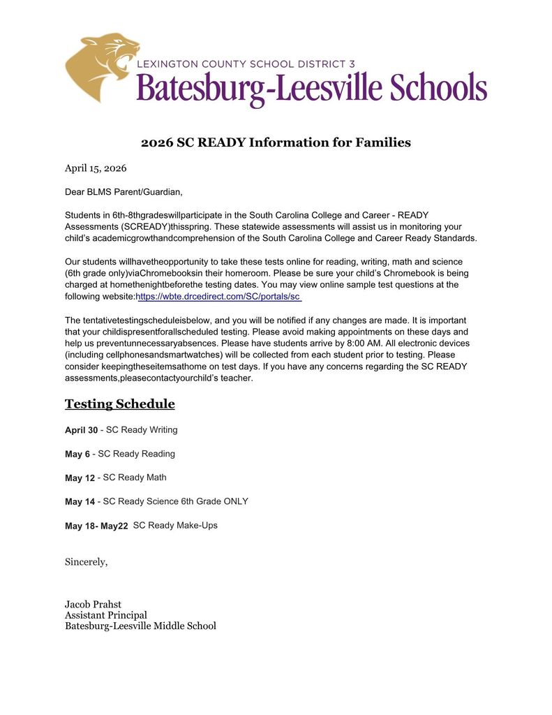 2026 SC Ready Information for Families