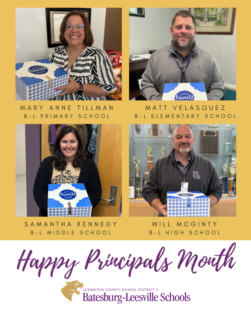 Pic of principals smiling and holding cakes - says Happy Principals Month