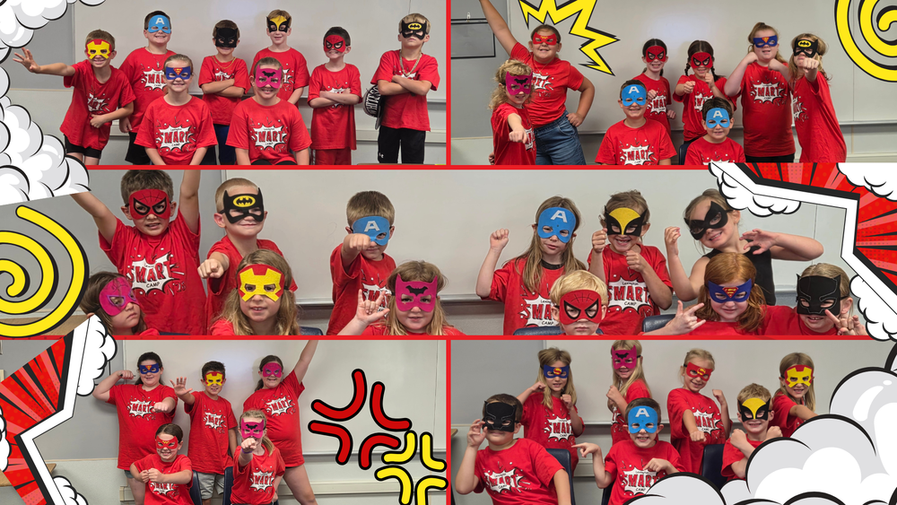 Children dressed in matching tshirts and super hero masks
