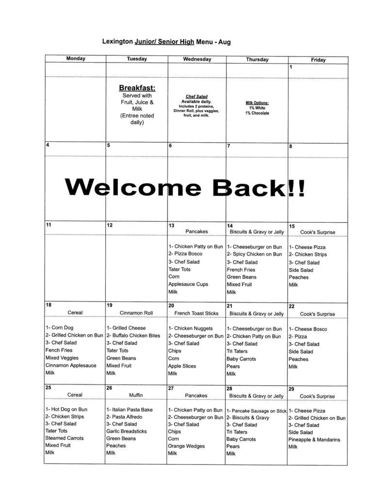 Jr High/High School Lunch Menu