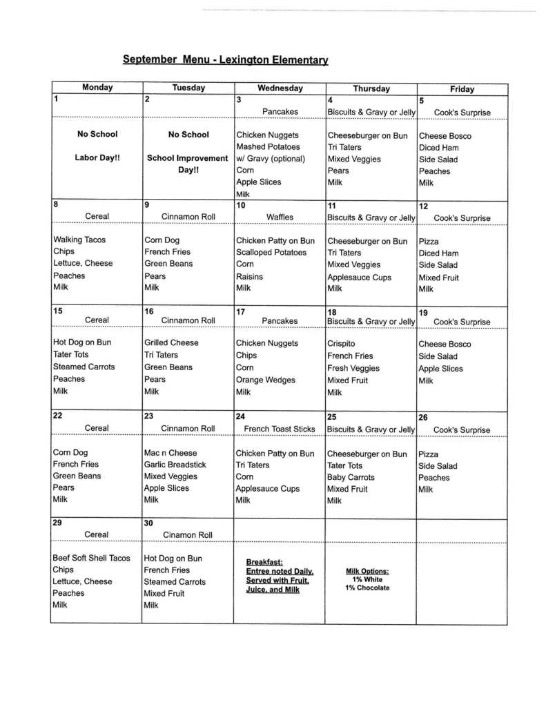 Elementary Lunch Menu