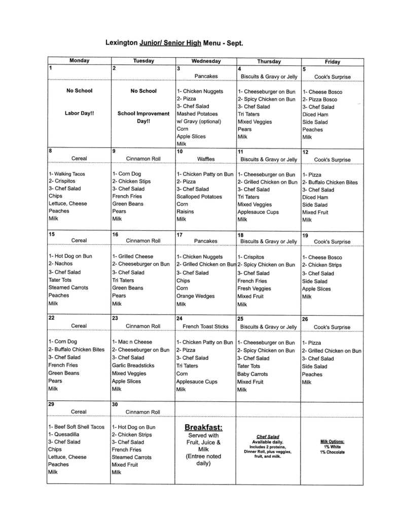 Jr High/High School Lunch Menu