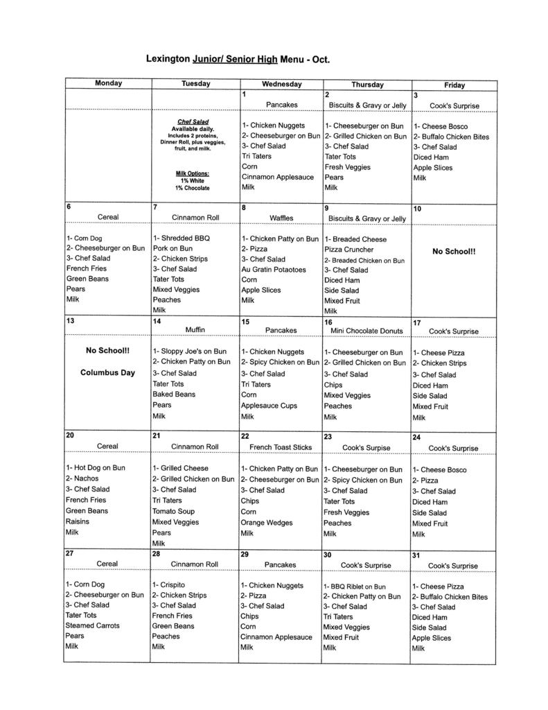 Jr High/High School Lunch Menu