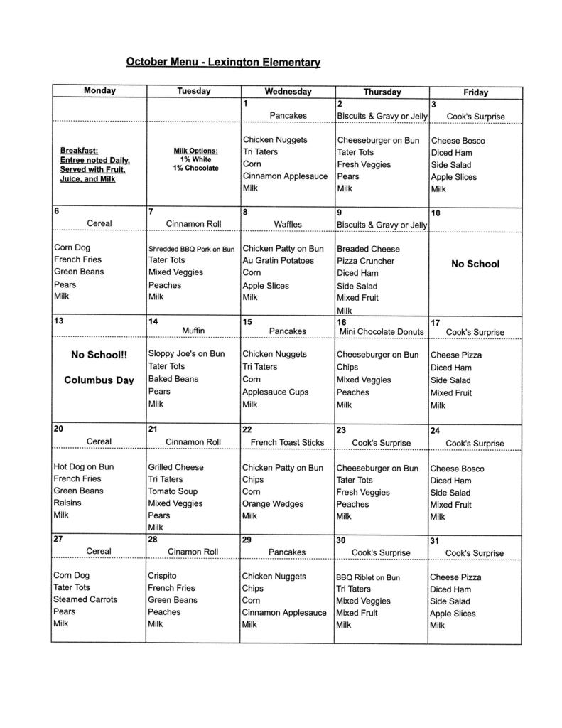 Elementary Lunch Menu