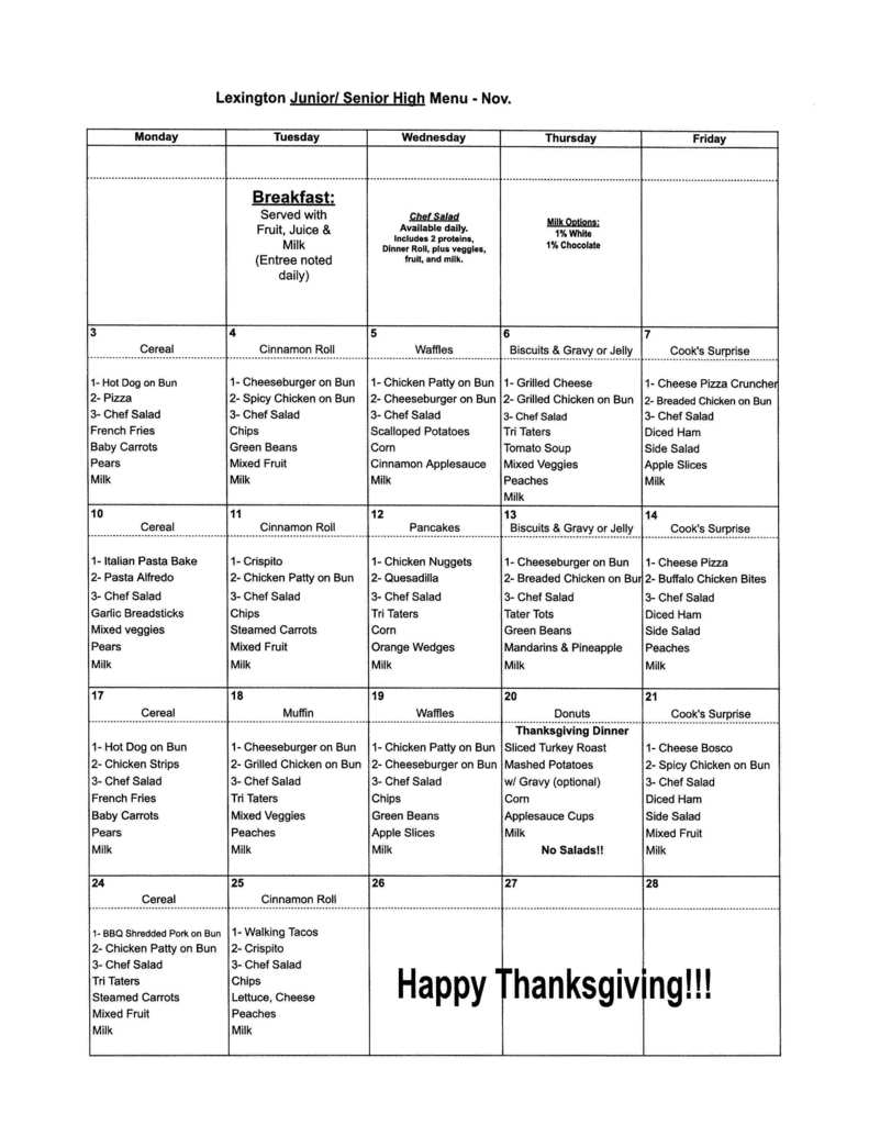 Jr High/High School Lunch Menu