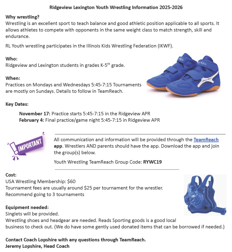 Ridgeview Lexington Youth Wrestling Information 2025-2026
