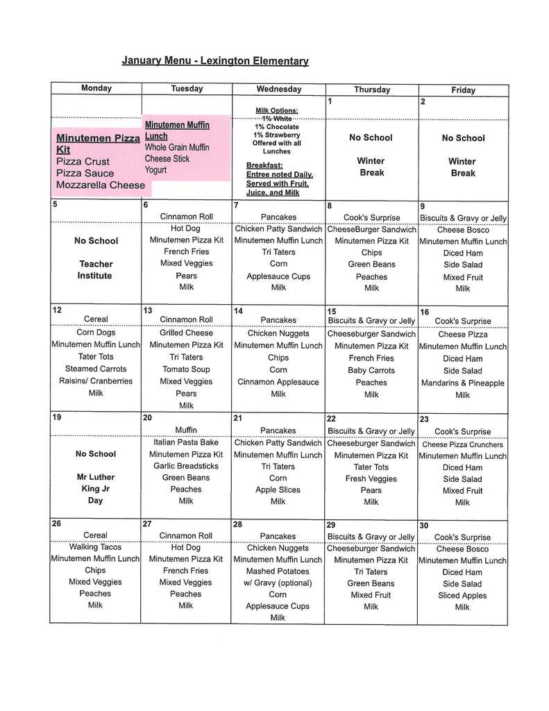 January Elementary Lunch Menu
