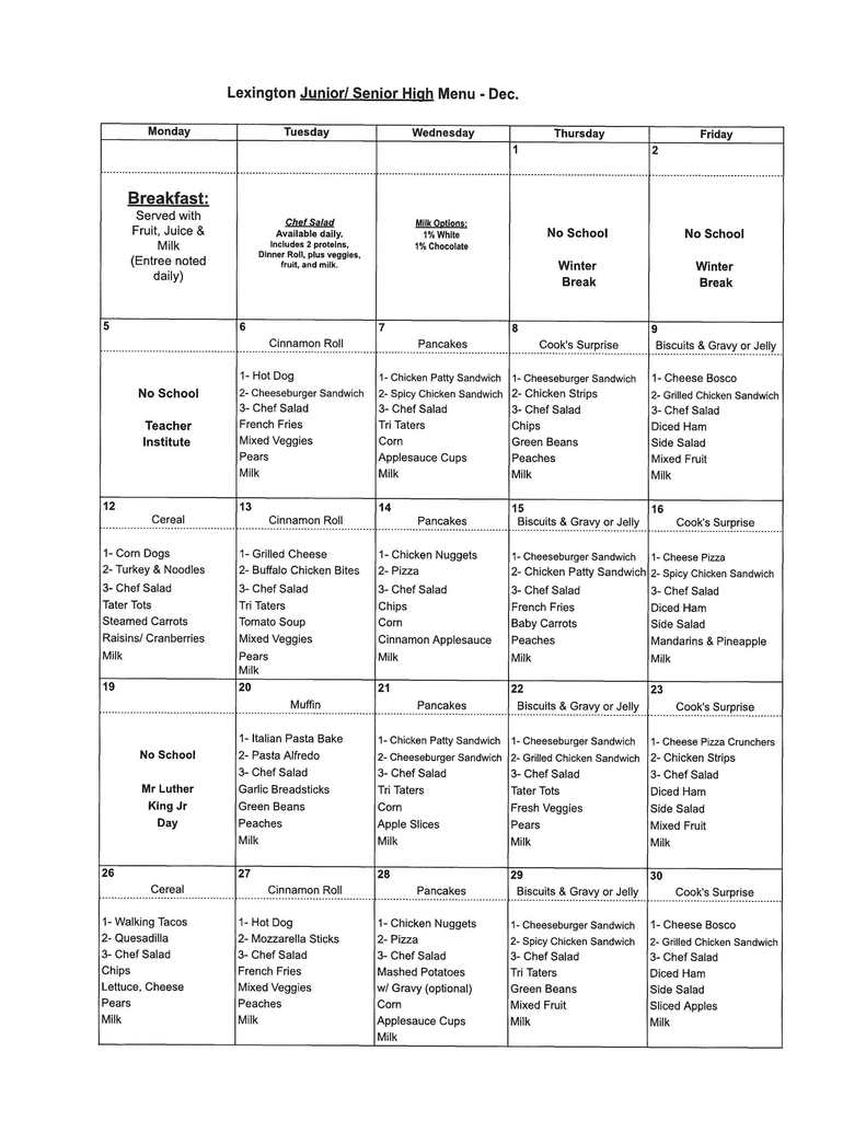 January Jr/Sr High Lunch Menu