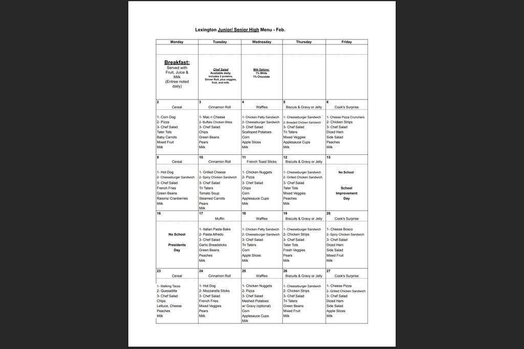 Feb 26 Jr Sr High Menu