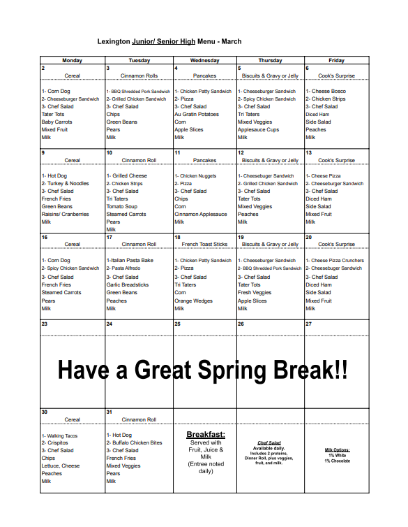 March Jr/ Sr Lunch Menu