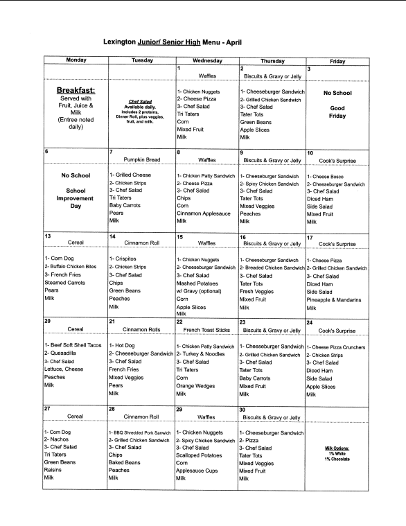 April Jr/ Sr Menu