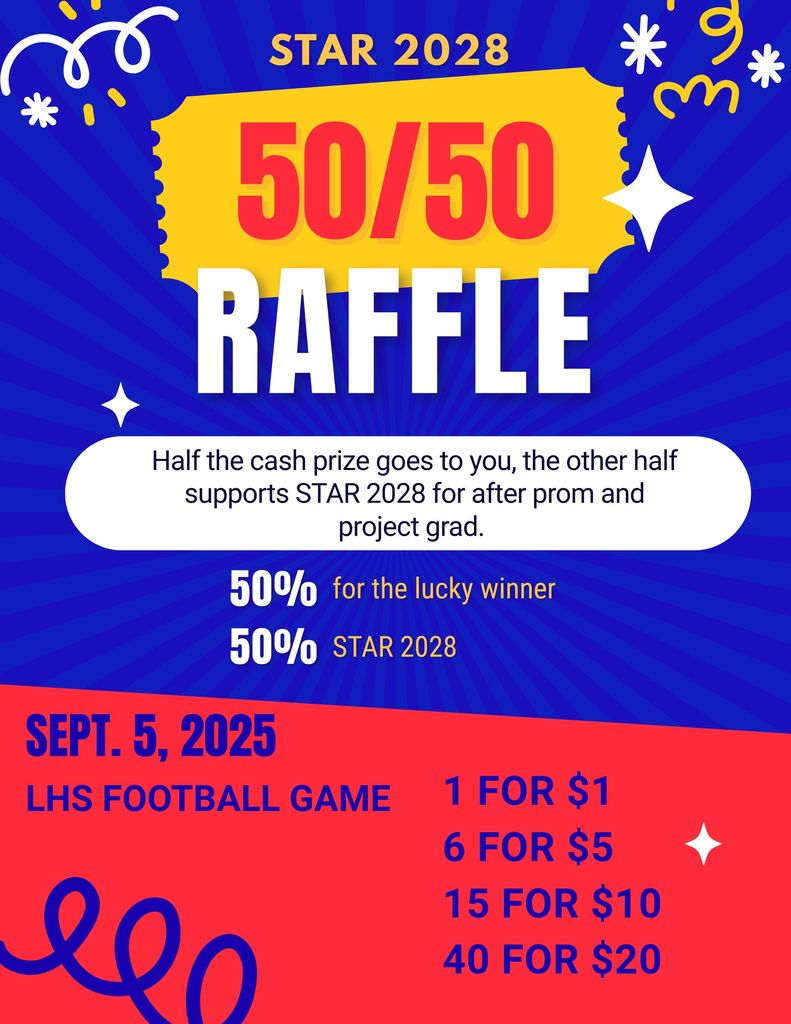 50/50 raffle at tonight's home football game! Please help support the sophomore class as they raise money to pay for after prom and project graduation!
