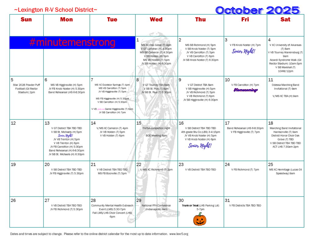 October 2025 activity calendar