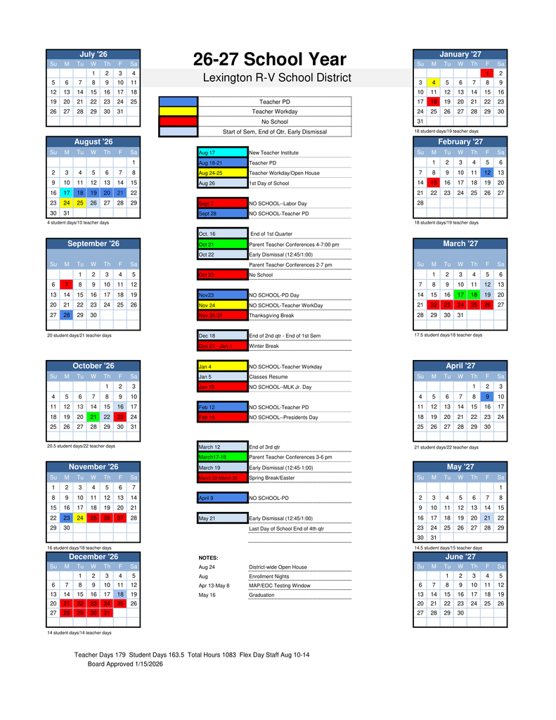 2026-27 Lexington R-V School District calendar