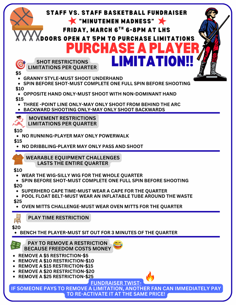 Wigs on! Oven mitts ready! Buy a limitation and watch the chaos! School pride in full force! "Minutemen Madness" just leveled up!!