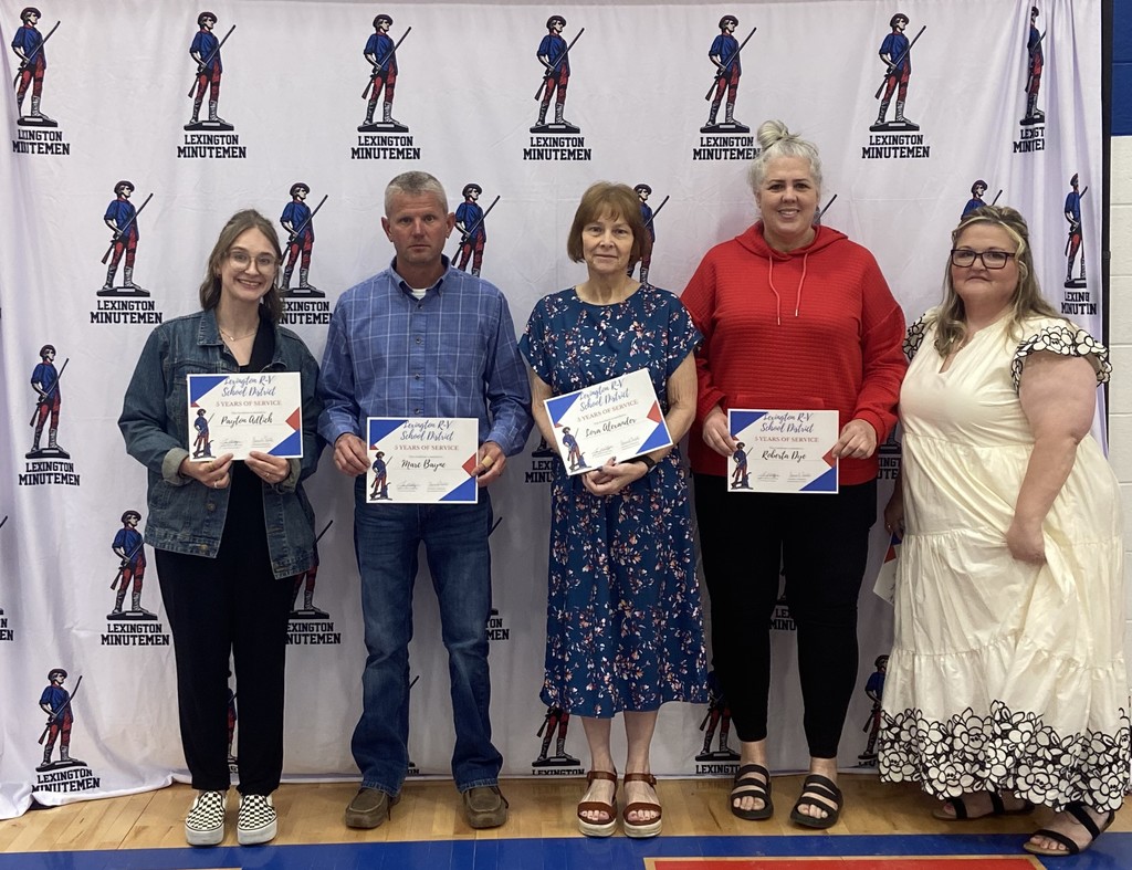 5 years of service:  Payton Adlich; Marc Bayne; Lora Alexander; Roberta Dye; Angela Emery.  Not pictured:  Zach Black; Renee Gonzalez; Michele Hamilton; Amy Mahurin; Megan Miller; Dr. Jason Whitt; Jacki Worthington