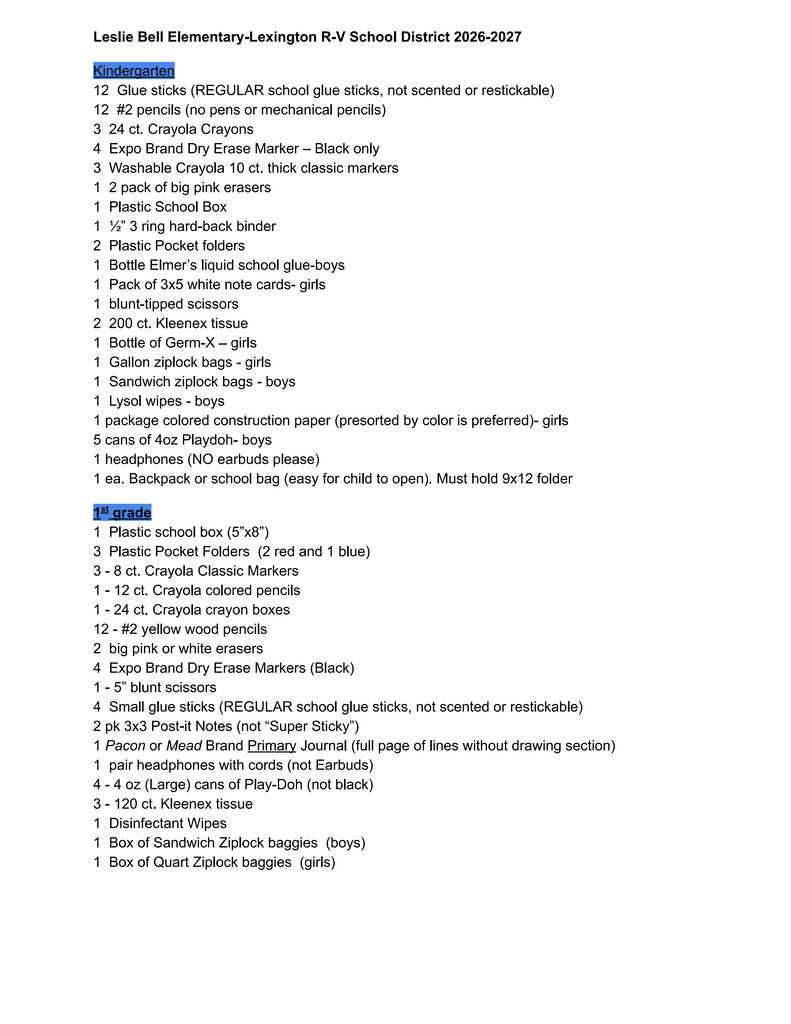 Here we go! Back to School Supply lists for 26-27!